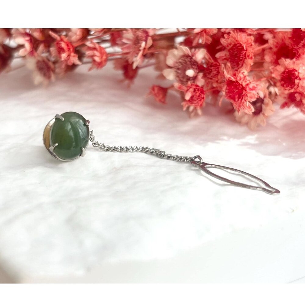 Faux Jade Stone Silver Toned Vintage Men's Tie Tack